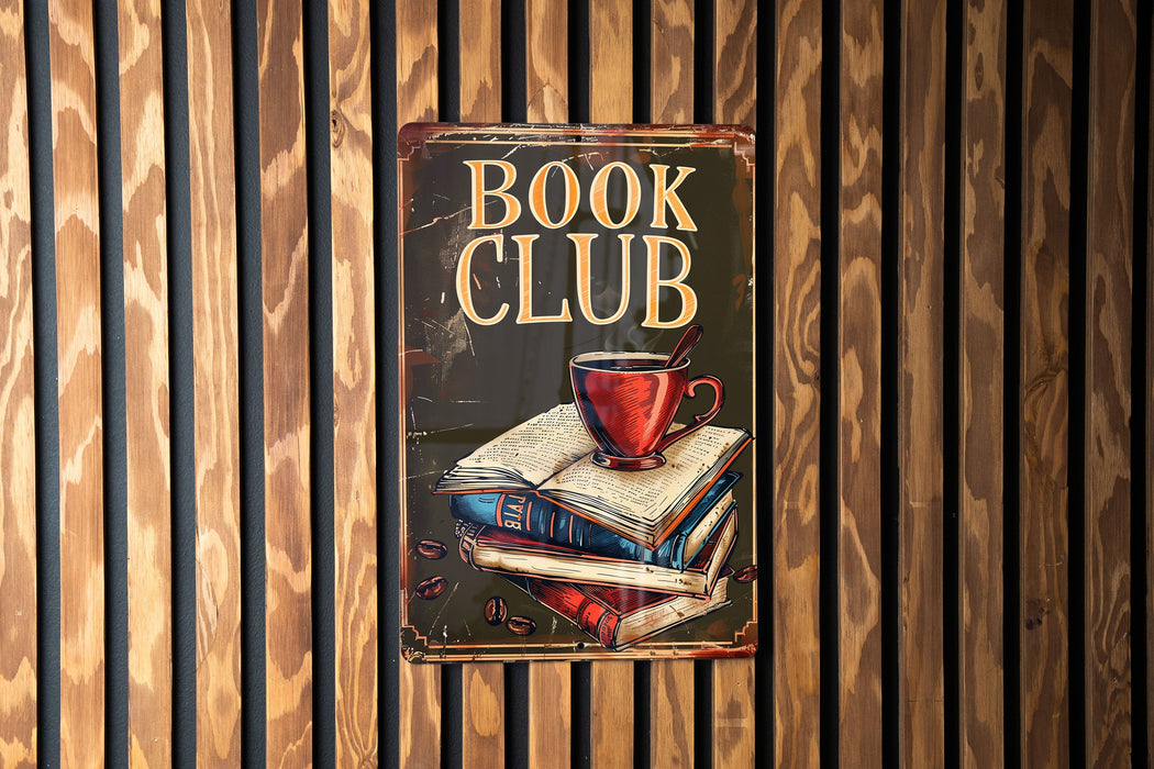 a book club sign hanging on a wooden wall