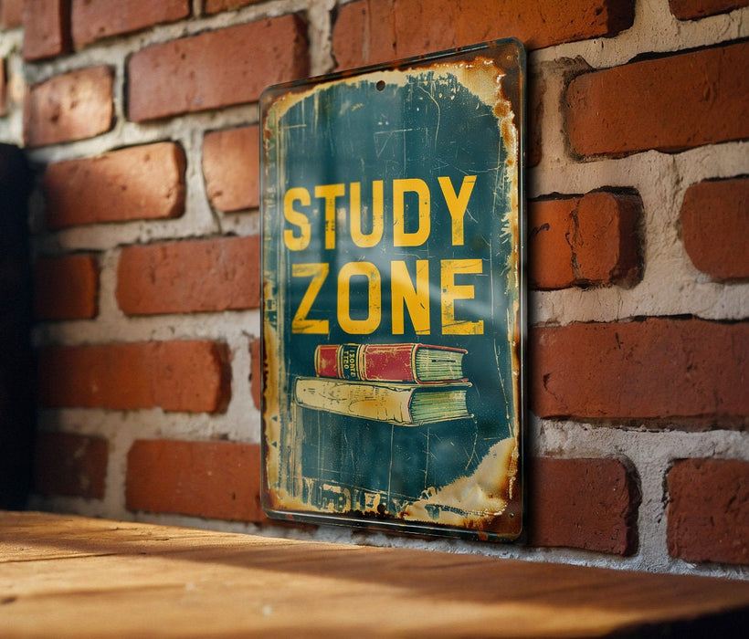a sign on a brick wall that says study zone