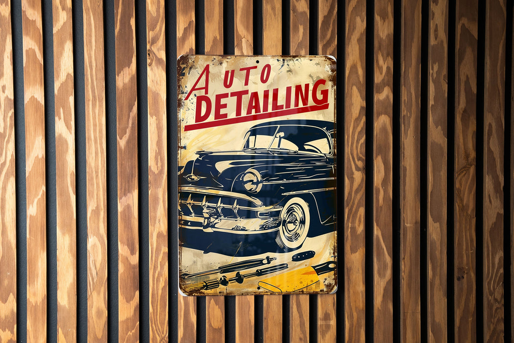 a sign on a wooden wall that says auto detailing