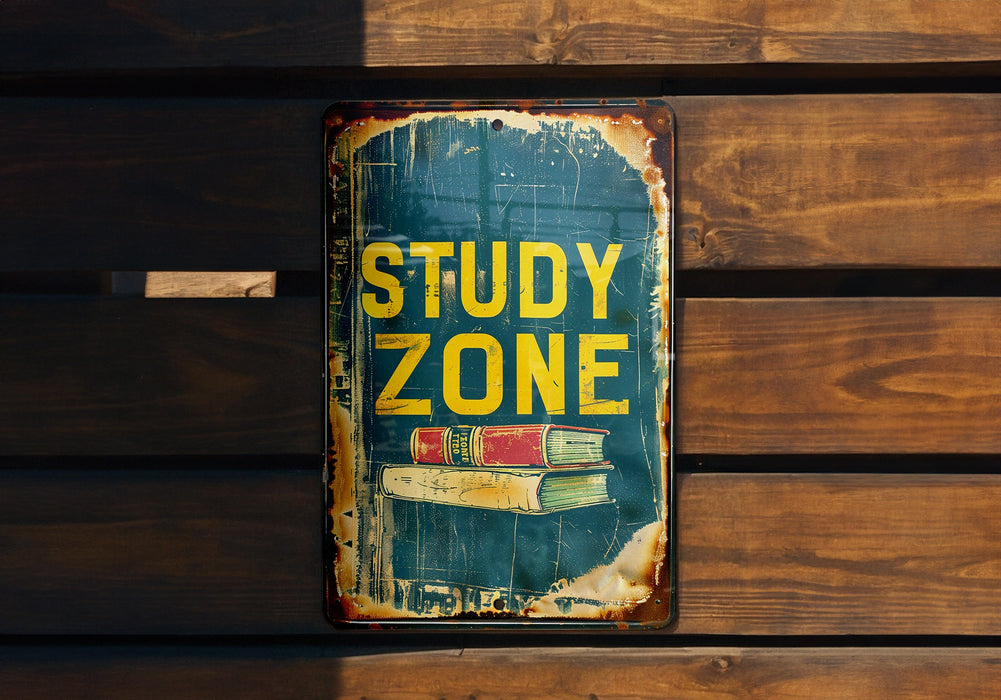 a sign on a wooden wall that says study zone