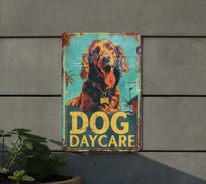 a dog day care sign on the side of a building