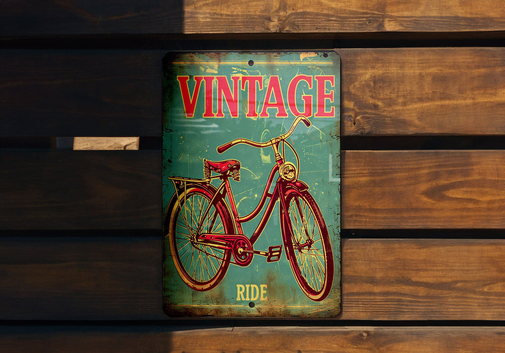 a vintage bicycle sign on a wooden wall