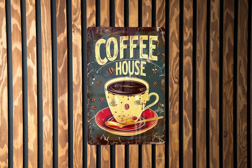 a sign on a wooden wall that says coffee house