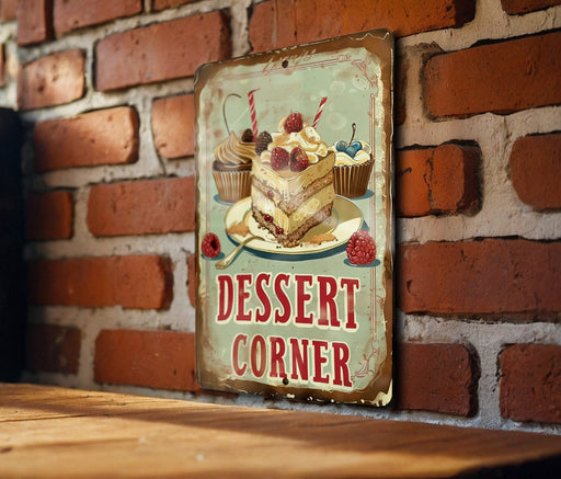 a dessert corner sign on a brick wall