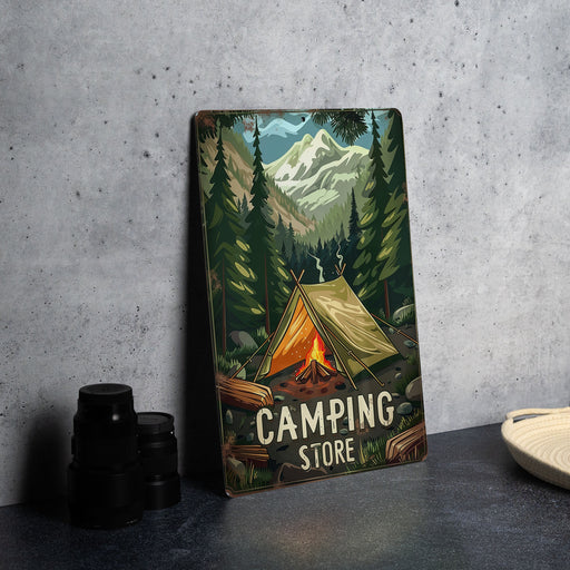 a picture of a camping store sign next to a pair of binoculars