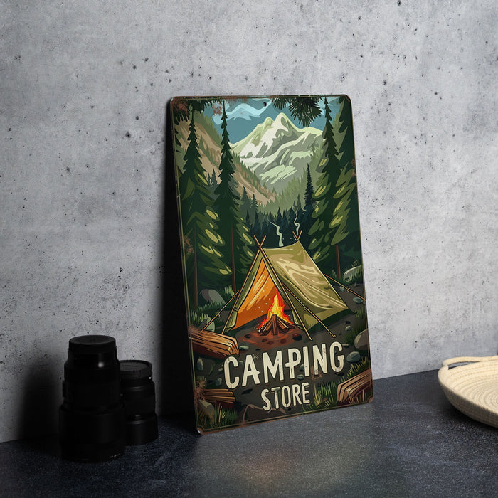 a picture of a camping store sign next to a pair of binoculars