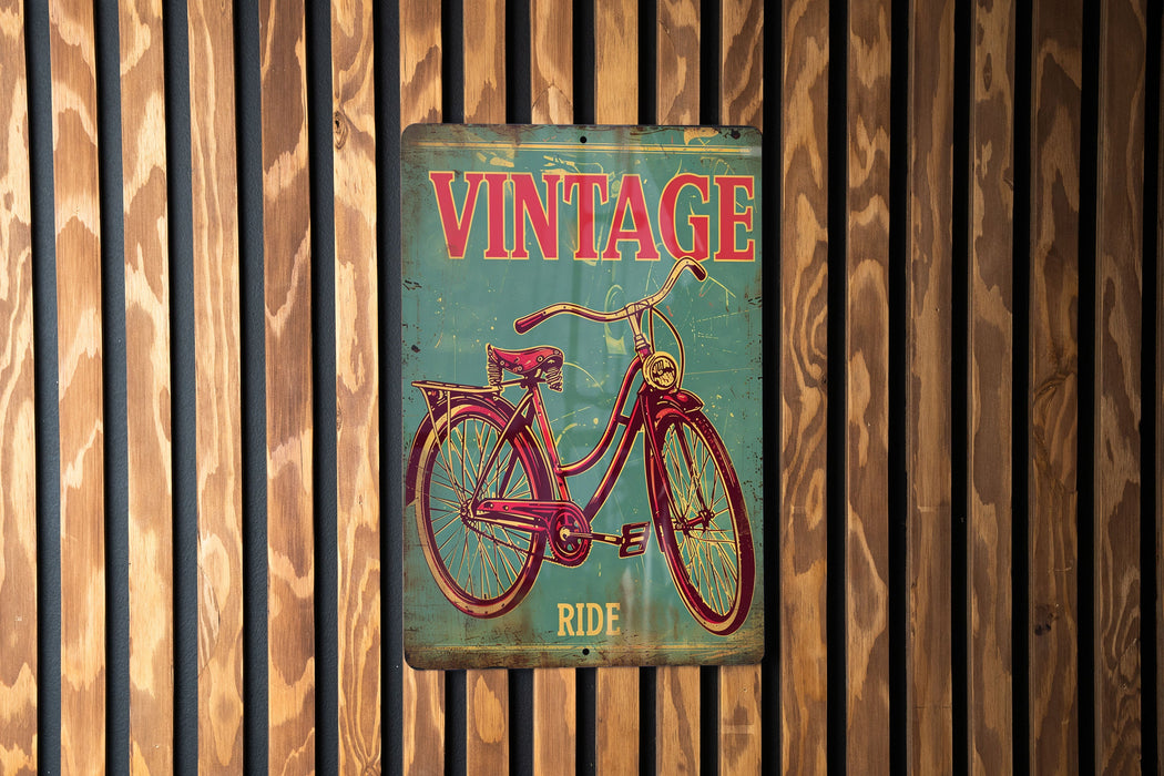 a vintage bicycle sign on a wooden wall
