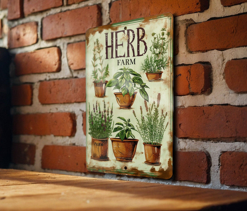 a sign on a brick wall that says herb farm