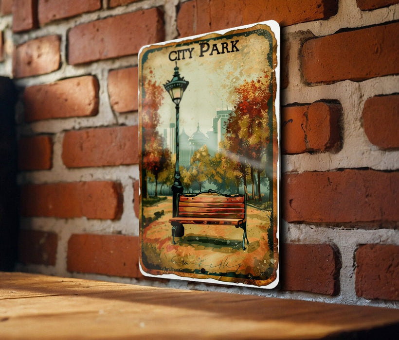 a picture of a park bench in front of a brick wall