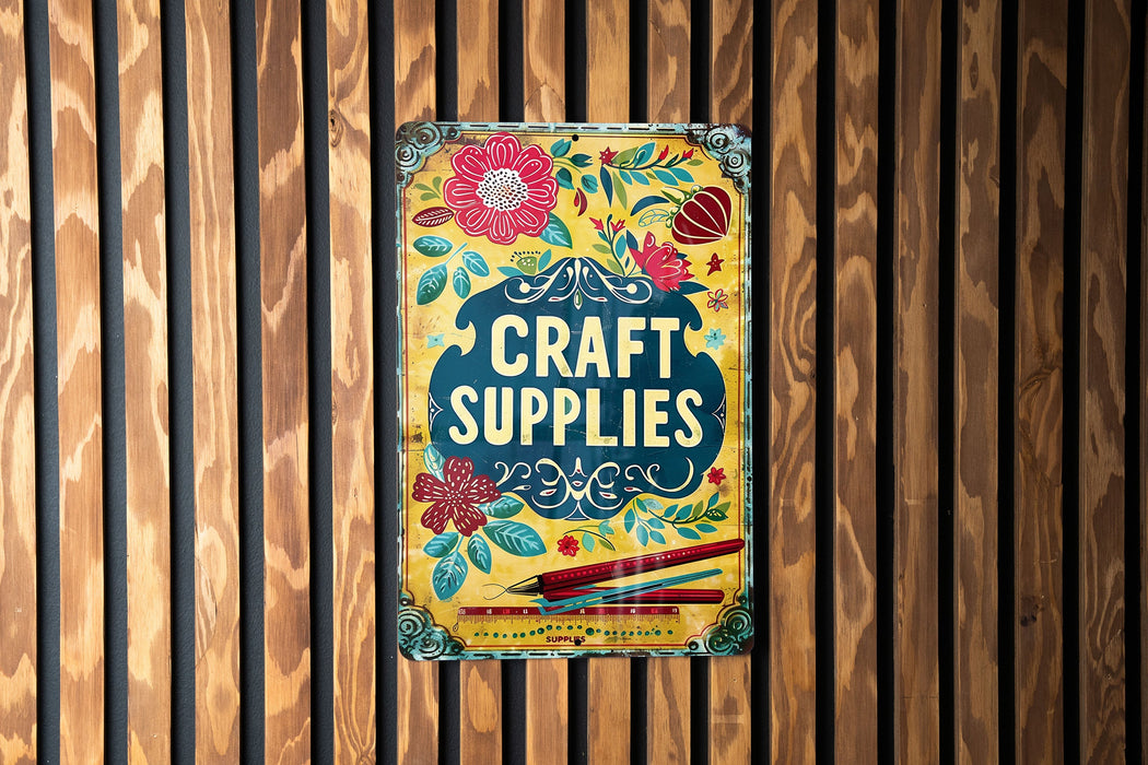 a sign on a wooden wall that says craft supplies