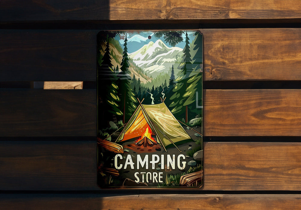 a picture of a camping store hanging on a wooden wall