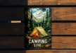 a picture of a camping store hanging on a wooden wall