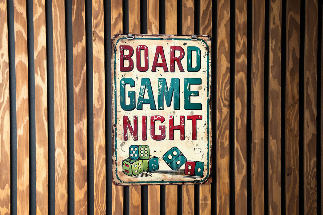a sign on a wooden wall that says board game night