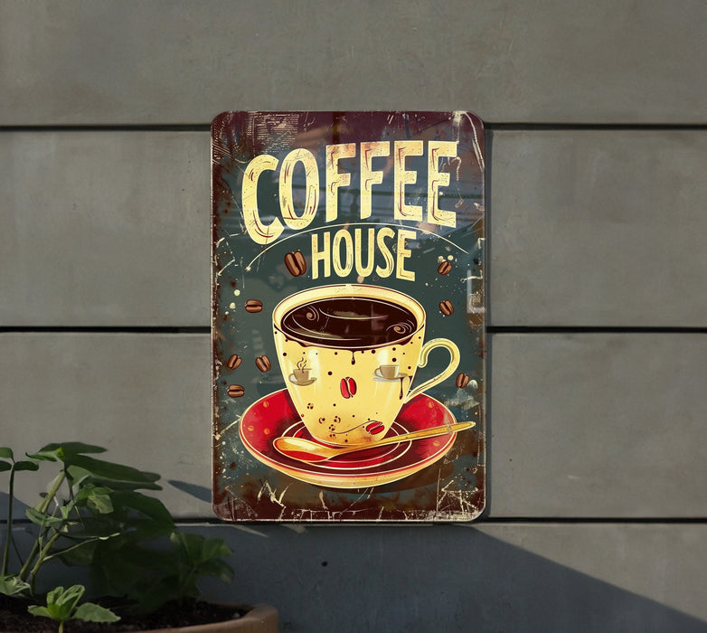 a metal sign with a cup of coffee on it
