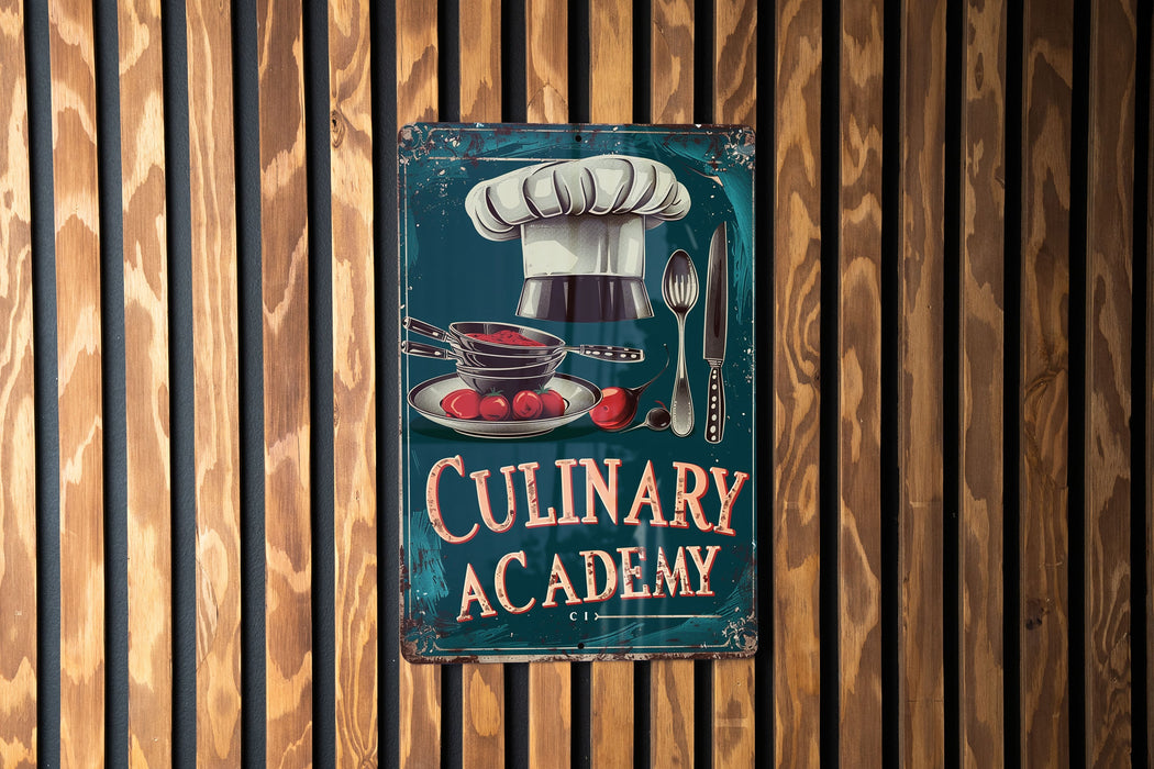a sign on a wooden wall that says culinary academy