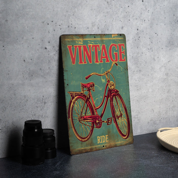 a vintage sign of a bicycle on a table