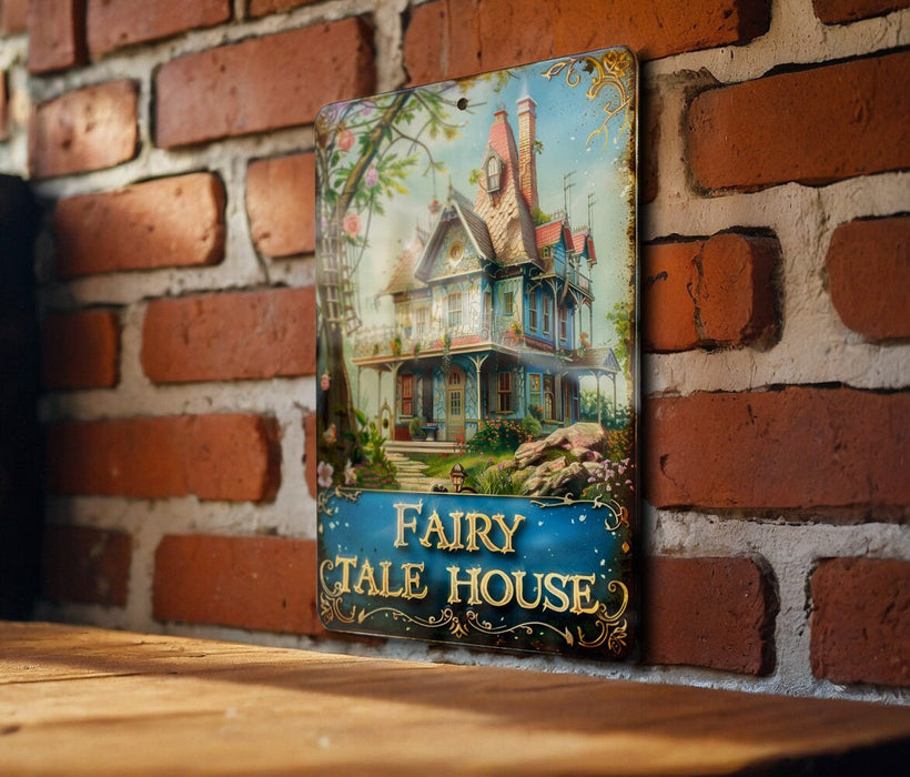 a sign on a brick wall that says fairy tale house