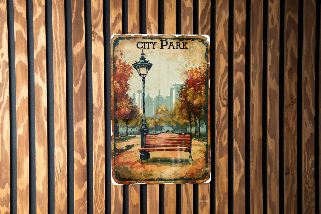 a picture of a city park with a bench