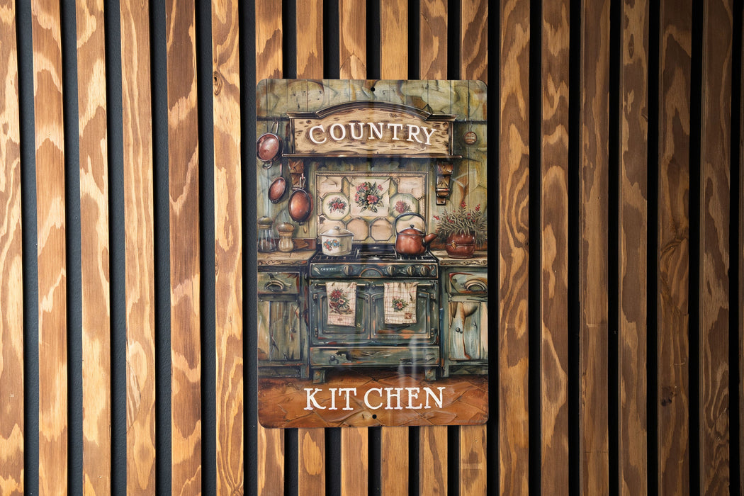 a painting of a country kitchen on a wooden wall