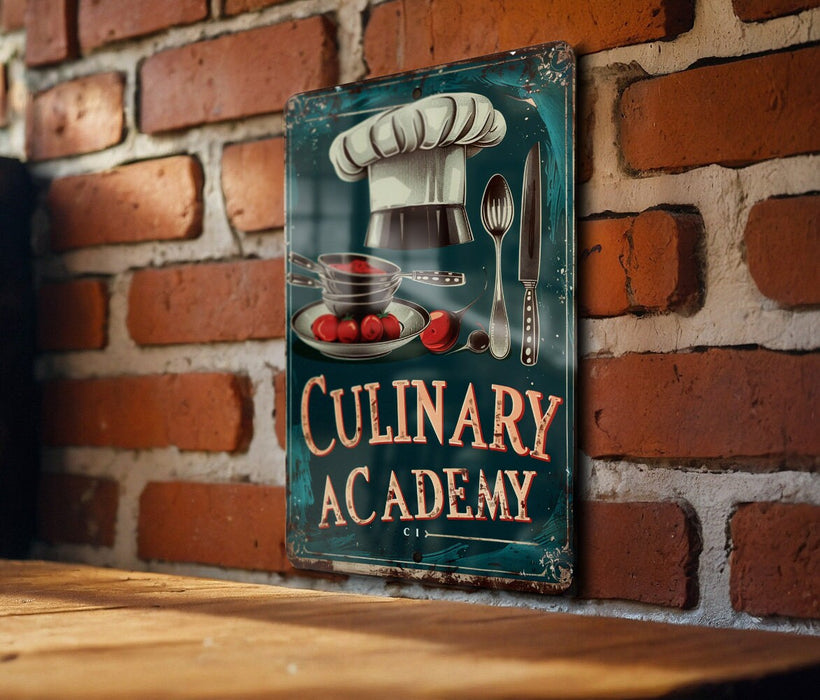 a sign on a brick wall that says culinary academy