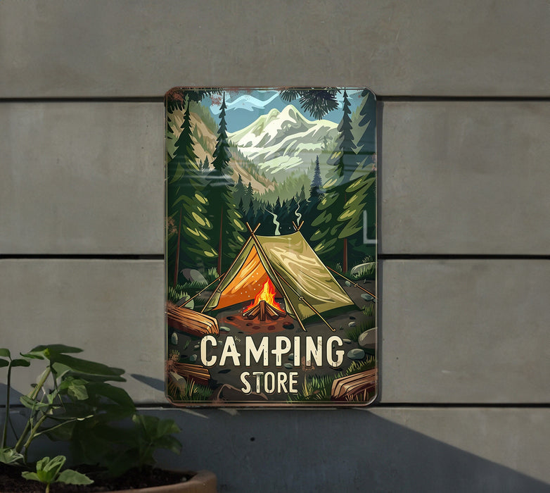 a camping store sign hanging on the side of a building