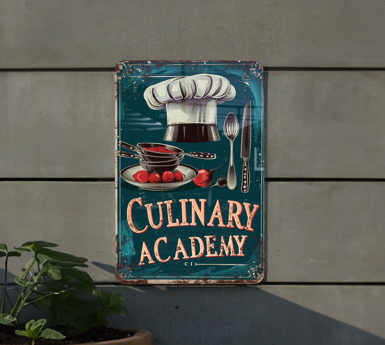 a sign on the side of a building advertising culinary academy