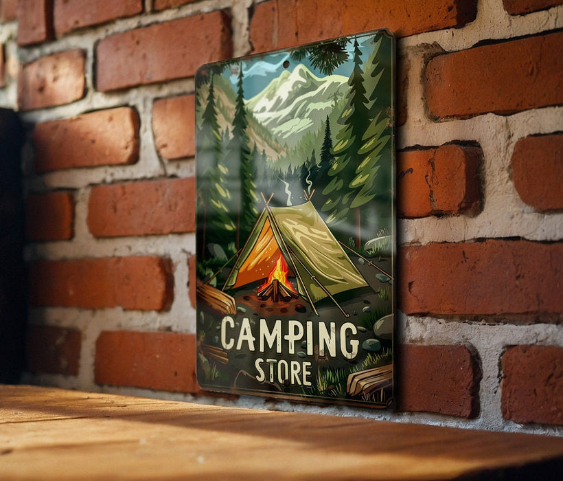 a picture of a camping store hanging on a brick wall