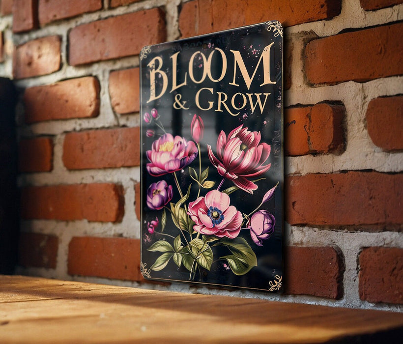 a sign on a brick wall that says bloom and grow