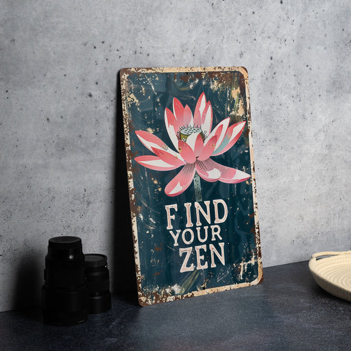a metal sign with a pink flower on it