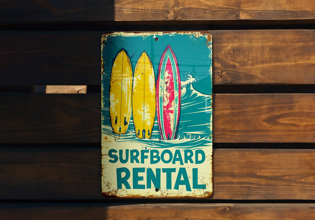 a sign on a wooden wall that says surfboard rental