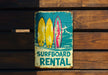 a sign on a wooden wall that says surfboard rental