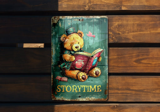a metal sign with a teddy bear reading a book