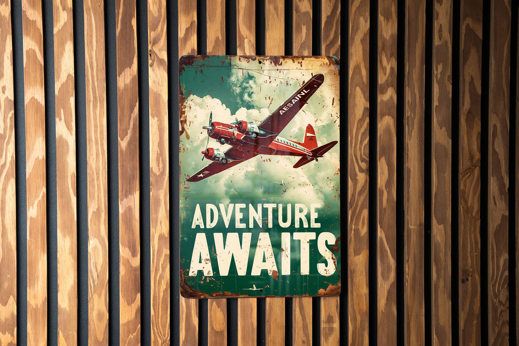 a sign on a wooden wall that says adventure awaits