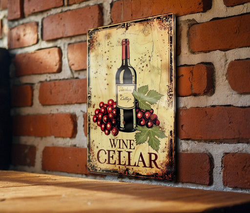 a picture of a wine cellar hanging on a brick wall