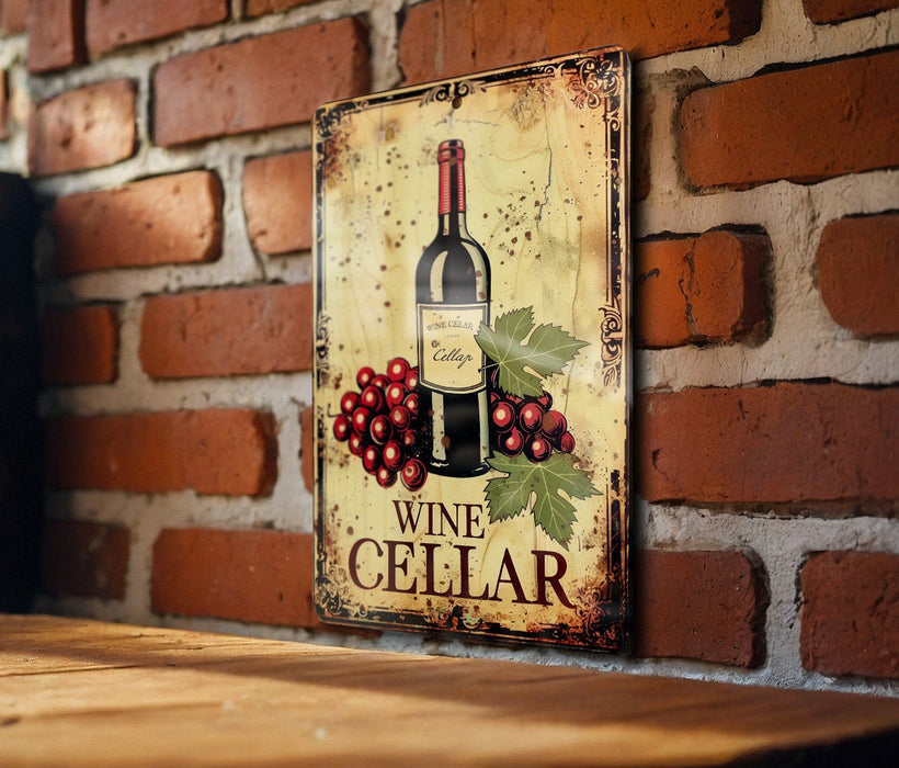 a picture of a wine cellar hanging on a brick wall