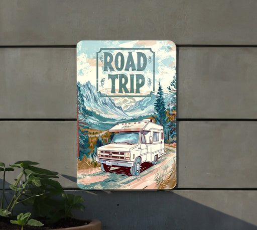 a road trip sign on the side of a building
