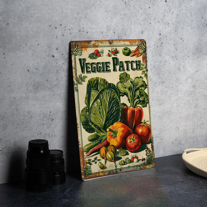 a vegetable patch sign sitting on top of a table