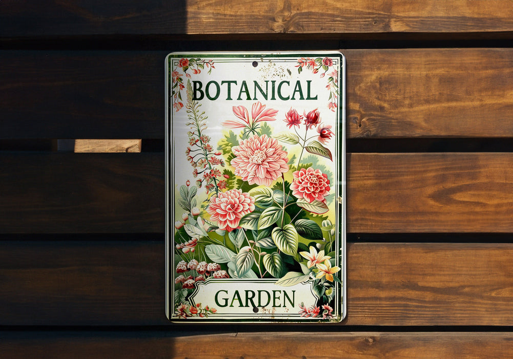 a botanical garden sign hanging on a wooden wall