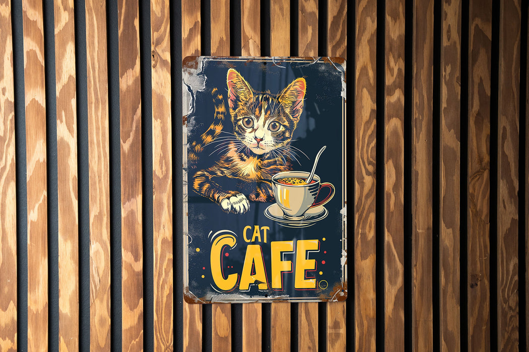 a cat cafe sign on a wooden wall