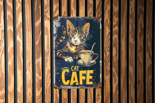 a cat cafe sign on a wooden wall