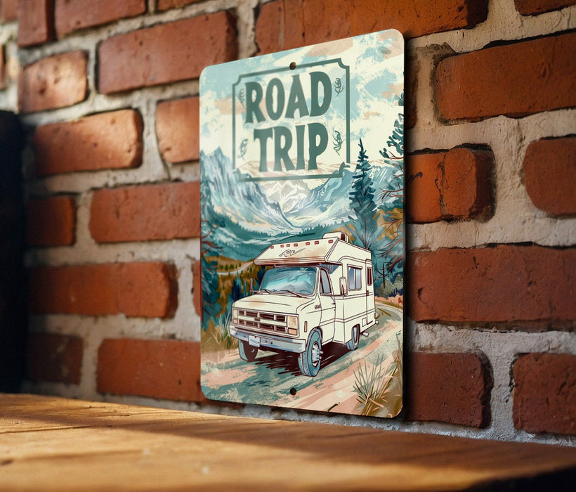 a picture of a road trip sign on a brick wall