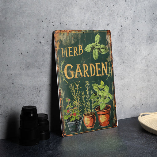 a herb garden sign sitting on top of a table