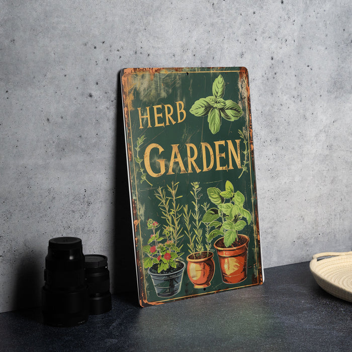 a herb garden sign sitting on top of a table