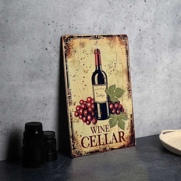 a wine cellar sign with a bottle of wine