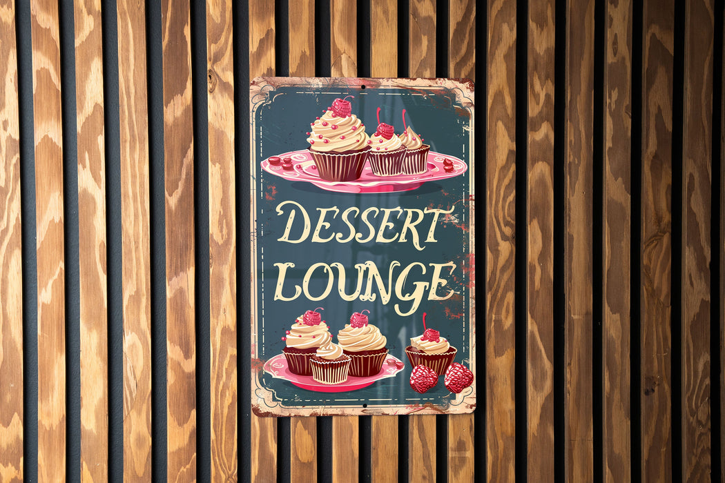 a sign that says dessert lounge with cupcakes on it