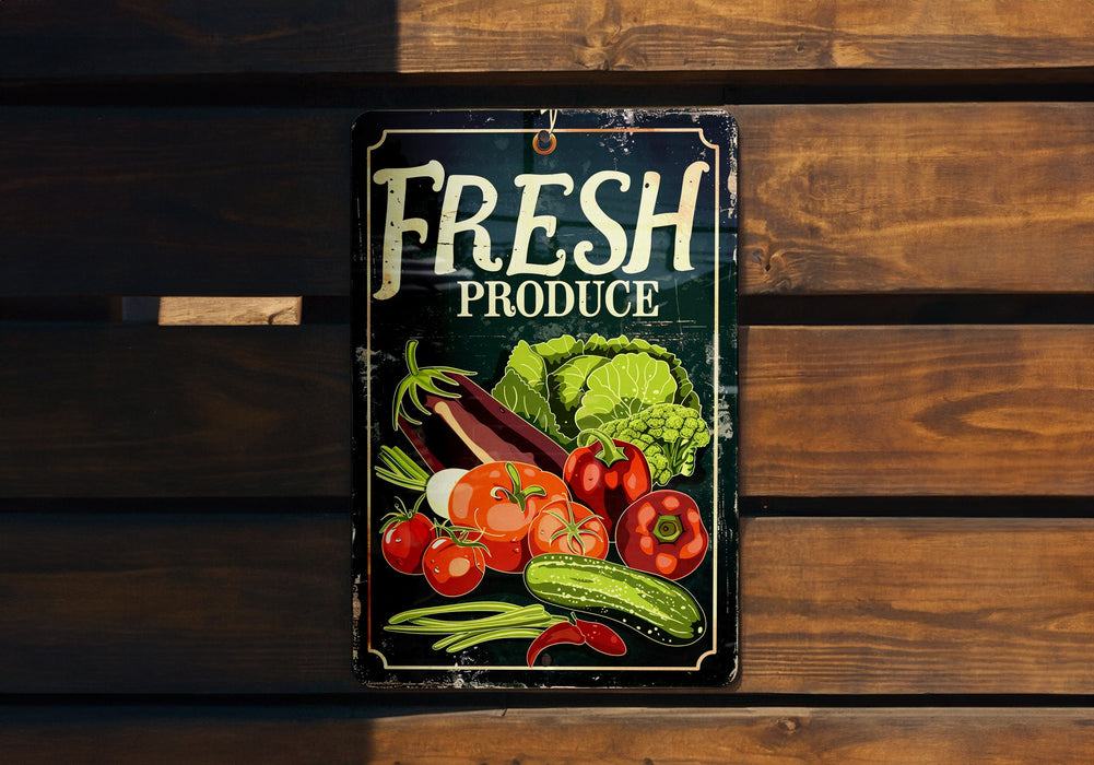 a fresh produce sign hanging on a wooden wall