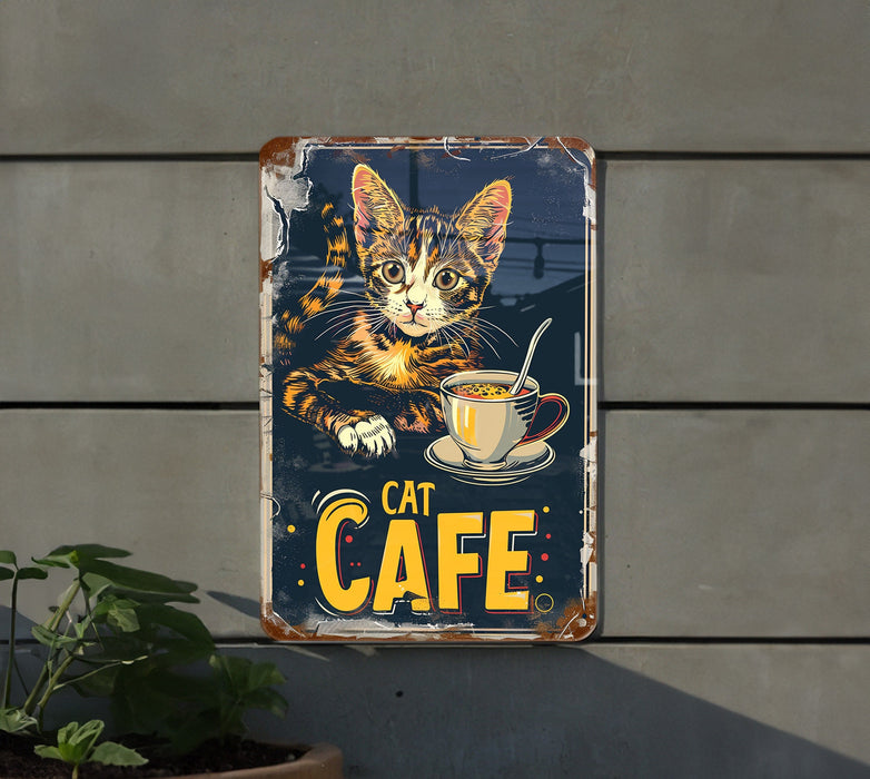 a metal sign with a picture of a cat holding a cup of coffee