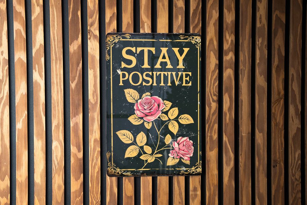 a sign on a wooden wall that says stay positive