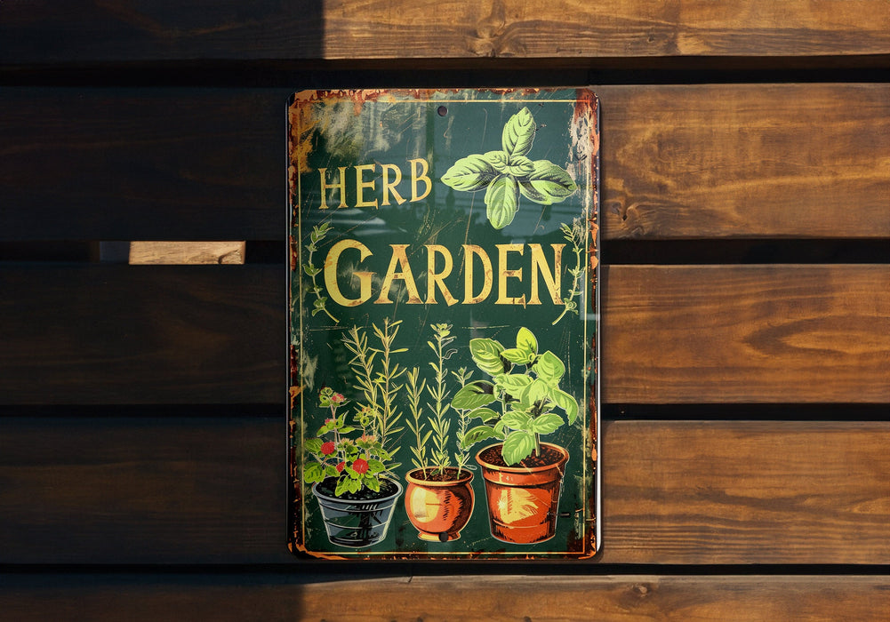a sign on a wooden wall that says herb garden