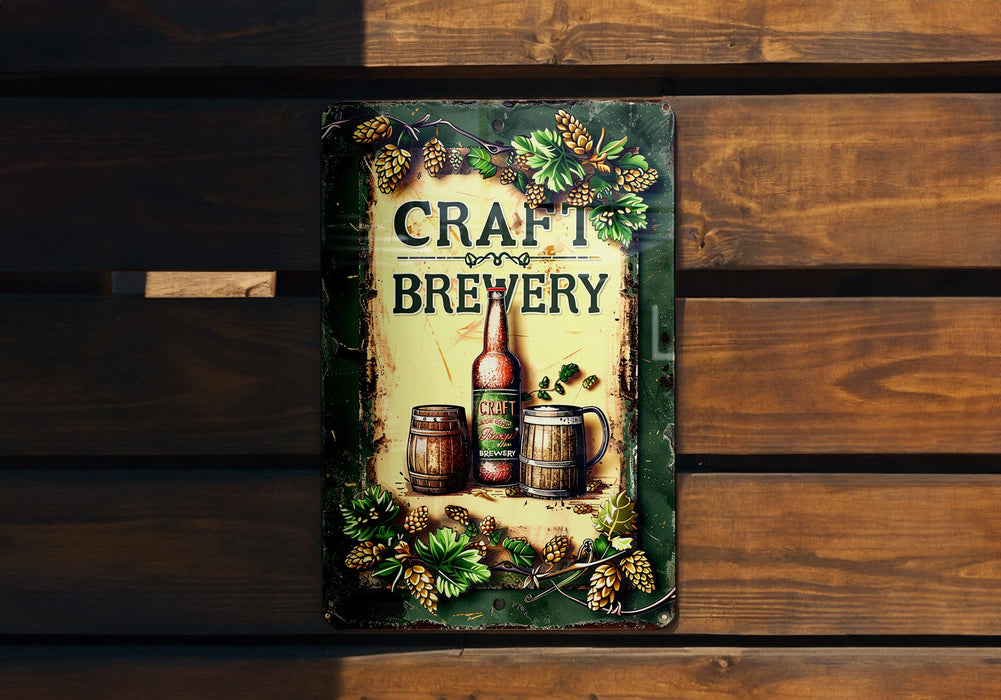 a sign on a wooden bench that says craft brewery